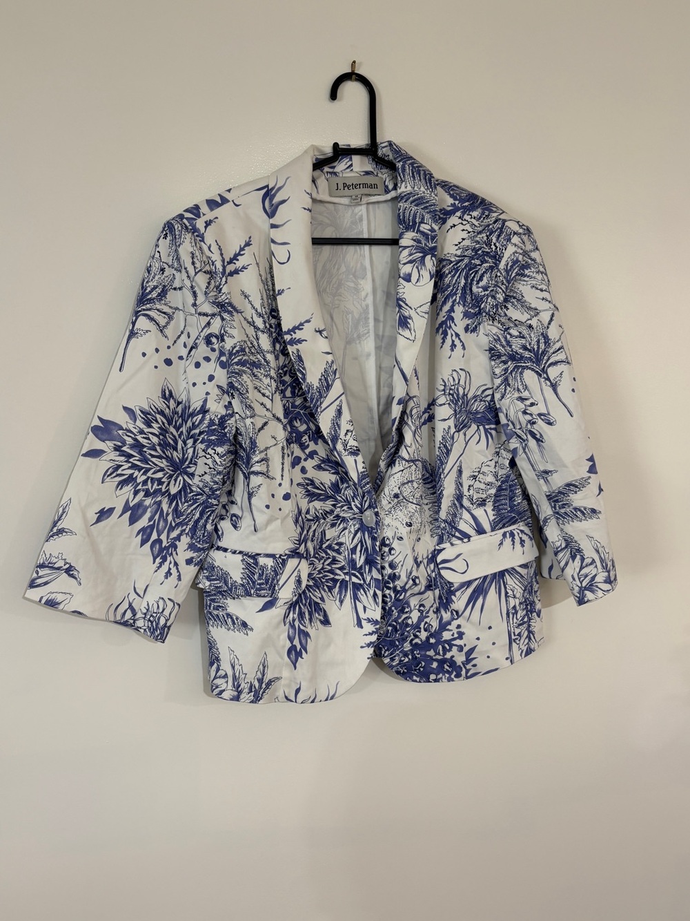 J Peterman Blazer Womens 14 Blue White Botanical Floral Print 3/4 Sleeve Jacket